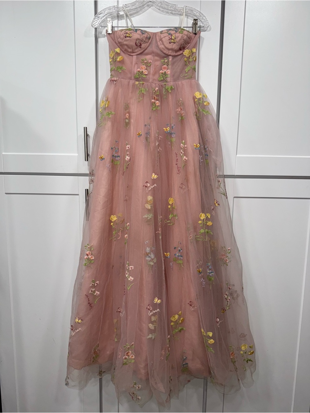 Strapless Pink Floral Embroidered Tulle Skirt